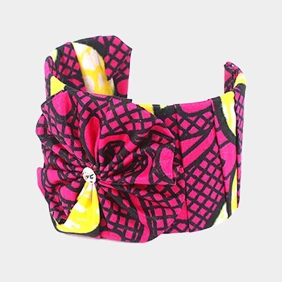 Patterned Pink Fabric Flower Cuff Bracelet - Picture 1 of 5